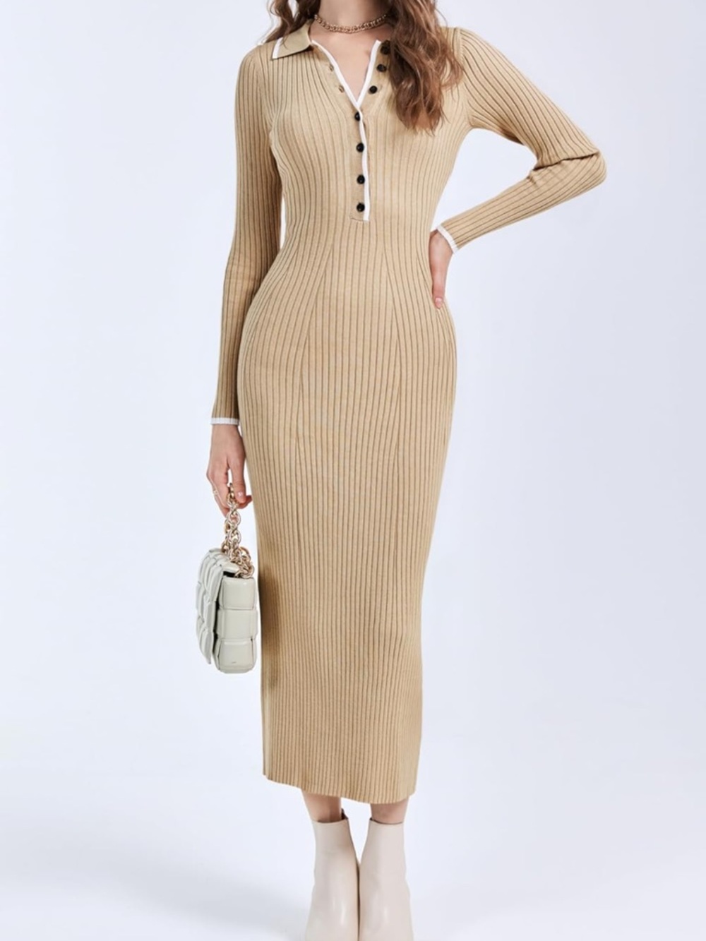 Amazon Beige Ribbed Polo-Collar Long Sleeve Midi Dress